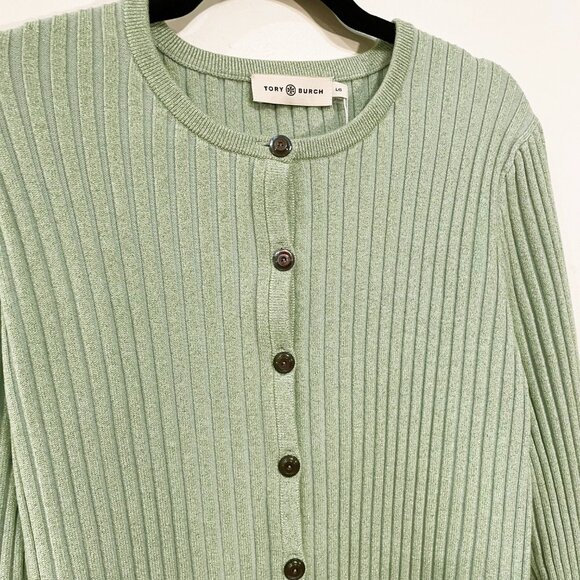 New Tory Burch Metallic Stripe Merino Wool Ribbed Cardigan Mint Green Large $448 - Picture 6 of 9
